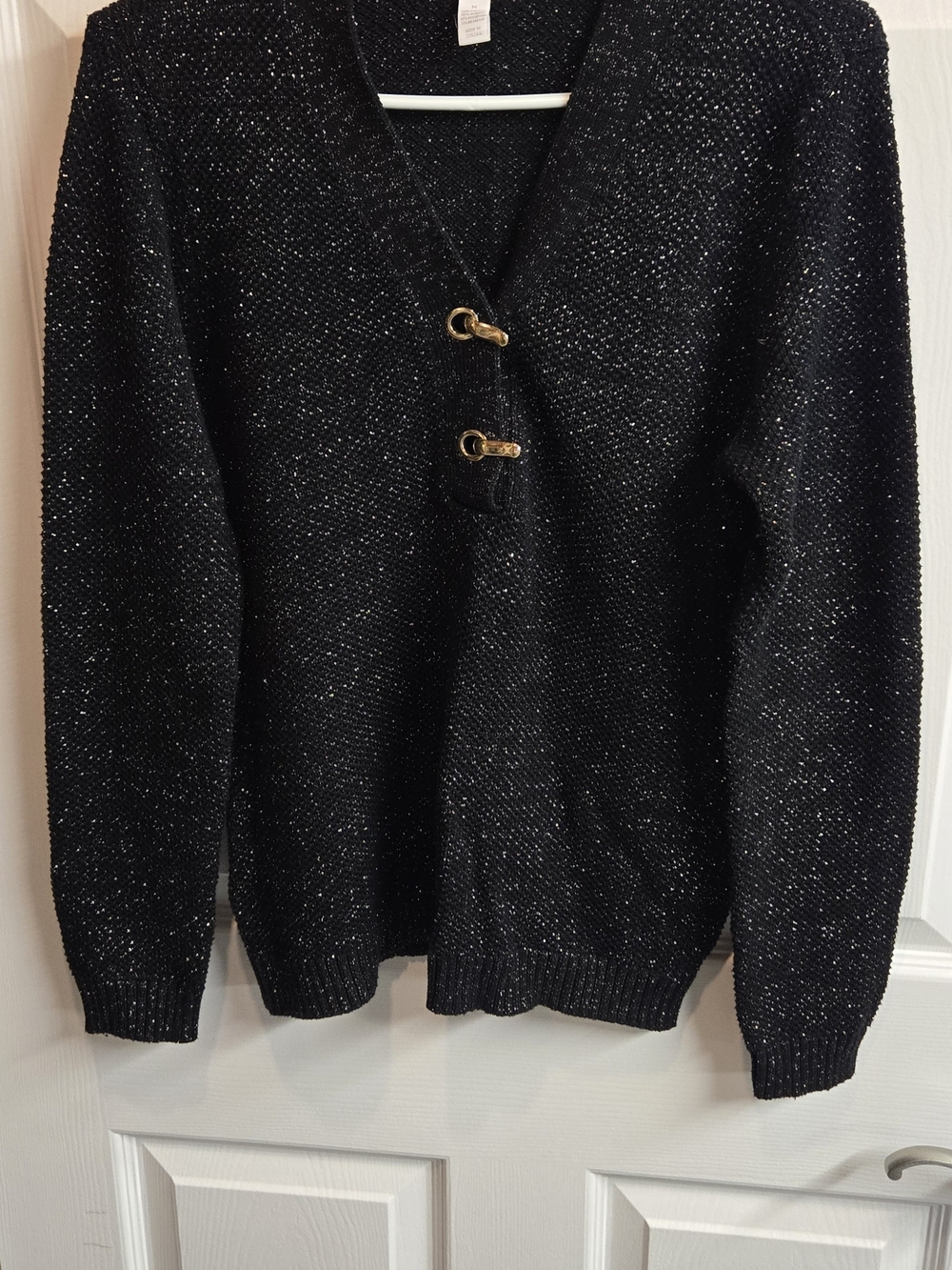 Charter Club Black V-Neck Sweater with Gold Toggle Accents